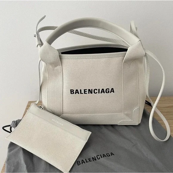 Balenciaga XS Navy Cabas Bag White Cream Black Logo Print Tote NWT - Picture 4 of 11